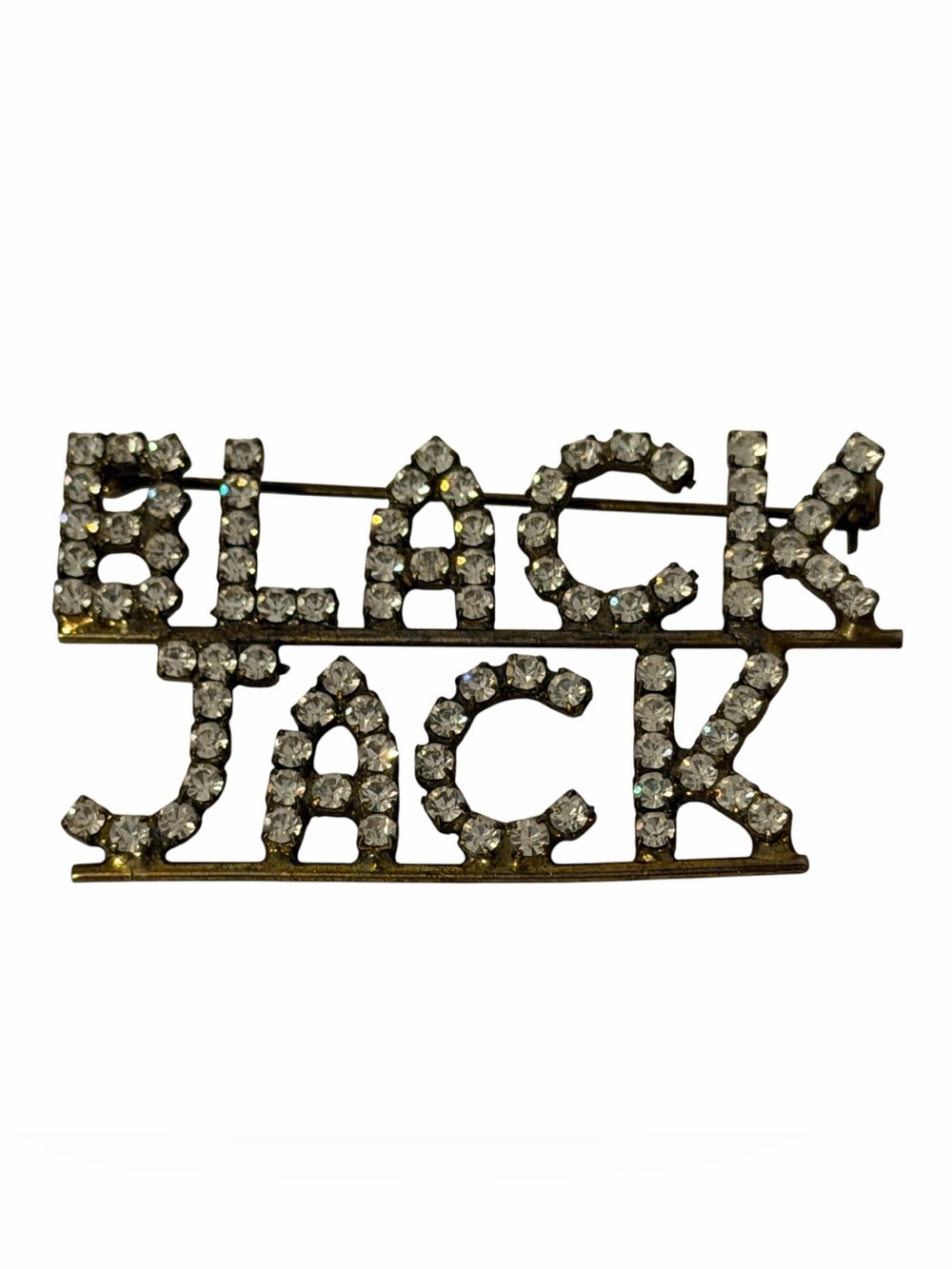 Black Jack Rhinestone Gold Tone Pin Brooch Gambling Casino Word Script Bling